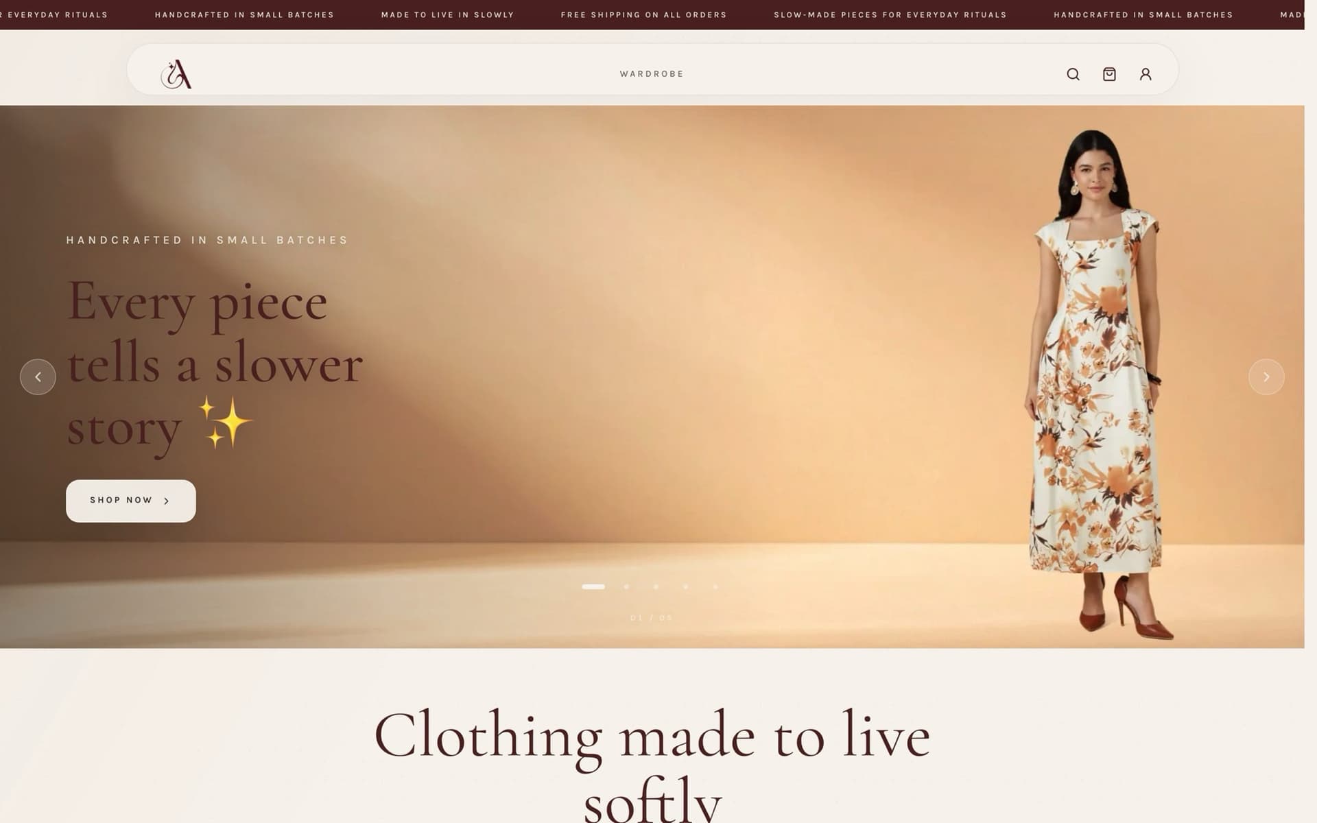 The Aarna storefront homepage: a full-width hero of a model in a printed cotton dress, with the wardrobe navigation above it.